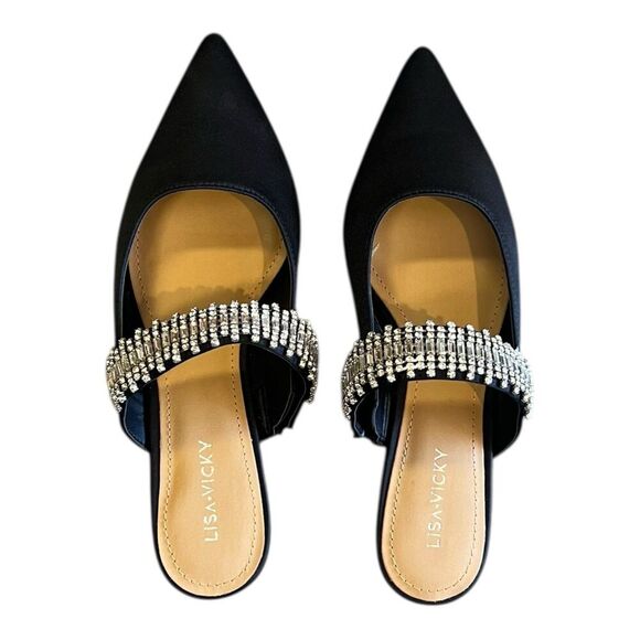 Lisa Vicky Black Satin Pointy Toe Move Crystal Embellished Flats 6.5 - Picture 1 of 4